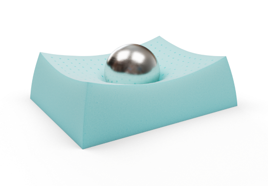 A demonstration of a metal ball settling into the mattress material