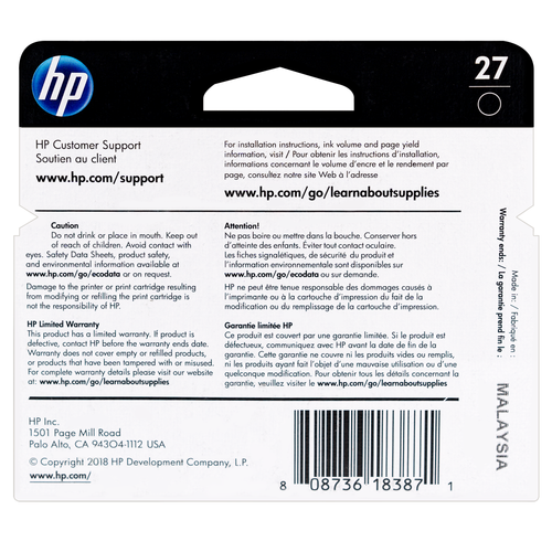 C8727AN | HP 27 | Original HP Ink Cartridge – Black