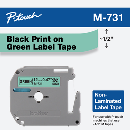 M-731 | Original Brother Non-Laminated Tape for P-touch, 0.47" X 26.2 Ft - Black on Green