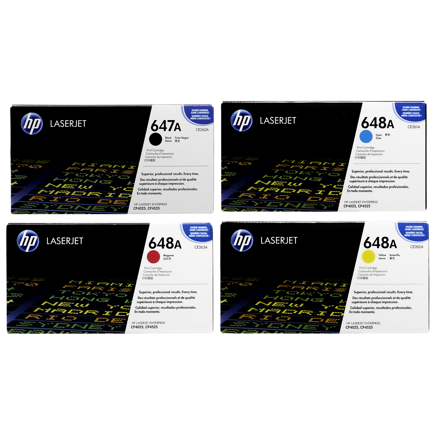 Original HP 647A 648A Set in Excellent Condition CE260A CE261A CE262A CE263A Black Cyan Magenta Yellow LaserJet Toner Cartridges