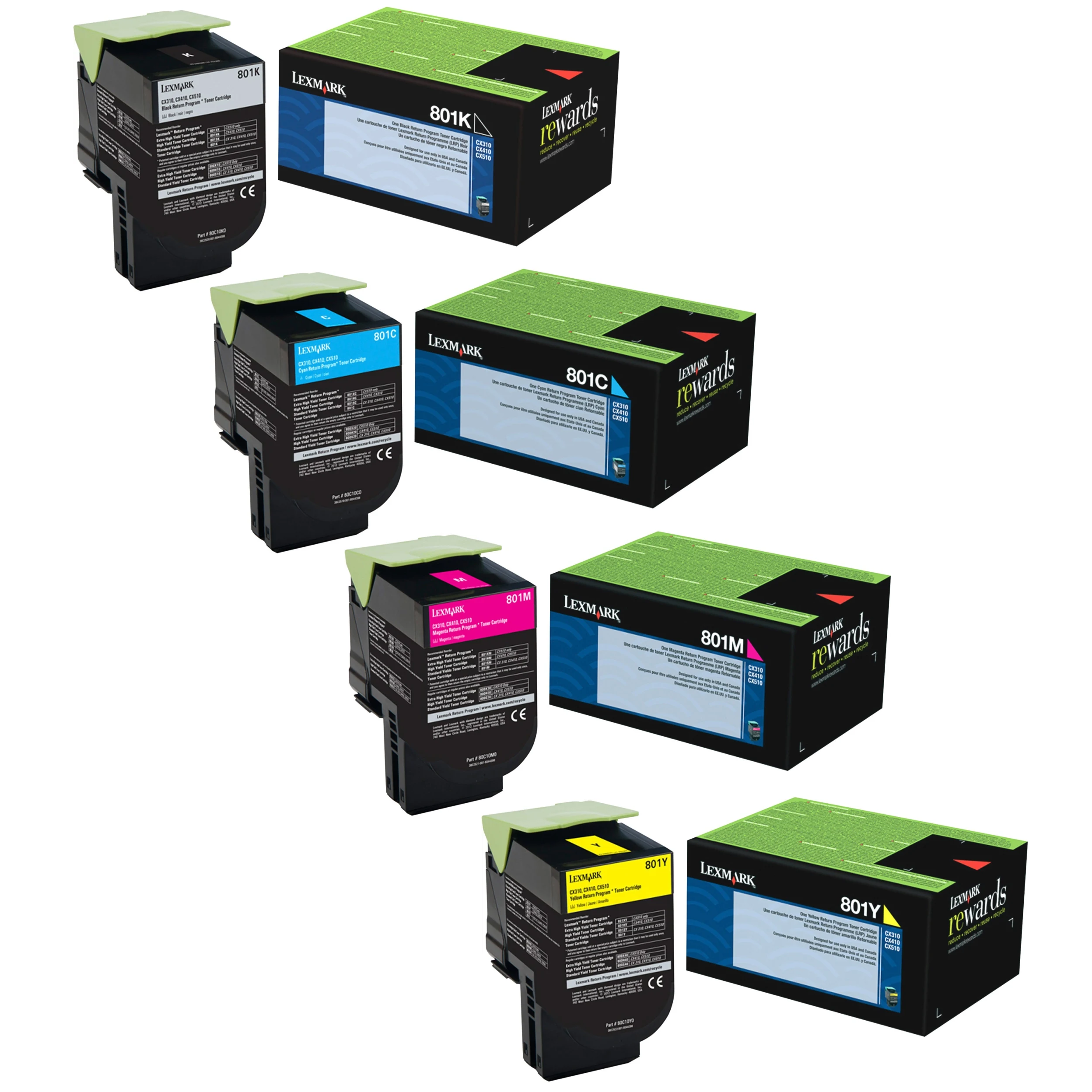 Lexmark 801 Set | 80C10C0 80C10K0 80C10M0 80C10Y0 | Original Lexmark High-Yield Toner Cartridges – Black, Cyan, Magenta, Yellow