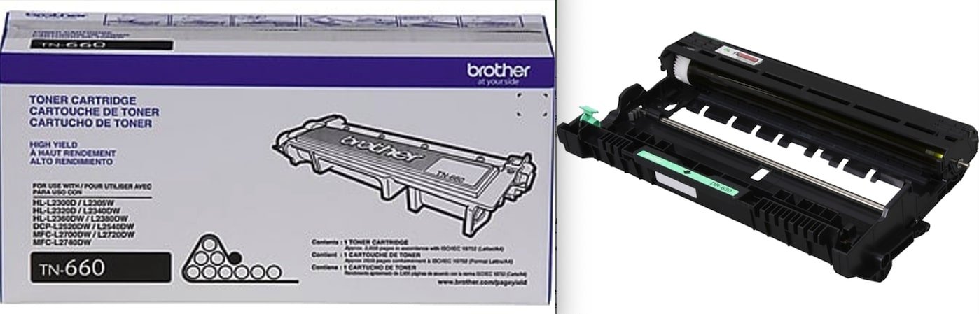 Brother TN-660 black toner cartridge (left) and a matching DR-630 drum (right)