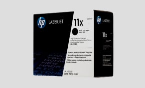 Close-up of an HP LaserJet 11x black toner cartridge box highlighting the single package type.