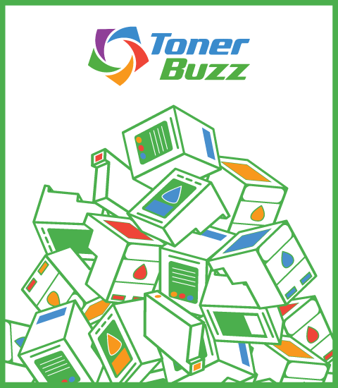 Illustration of a pile of various printer toner cartridges with Toner Buzz logo