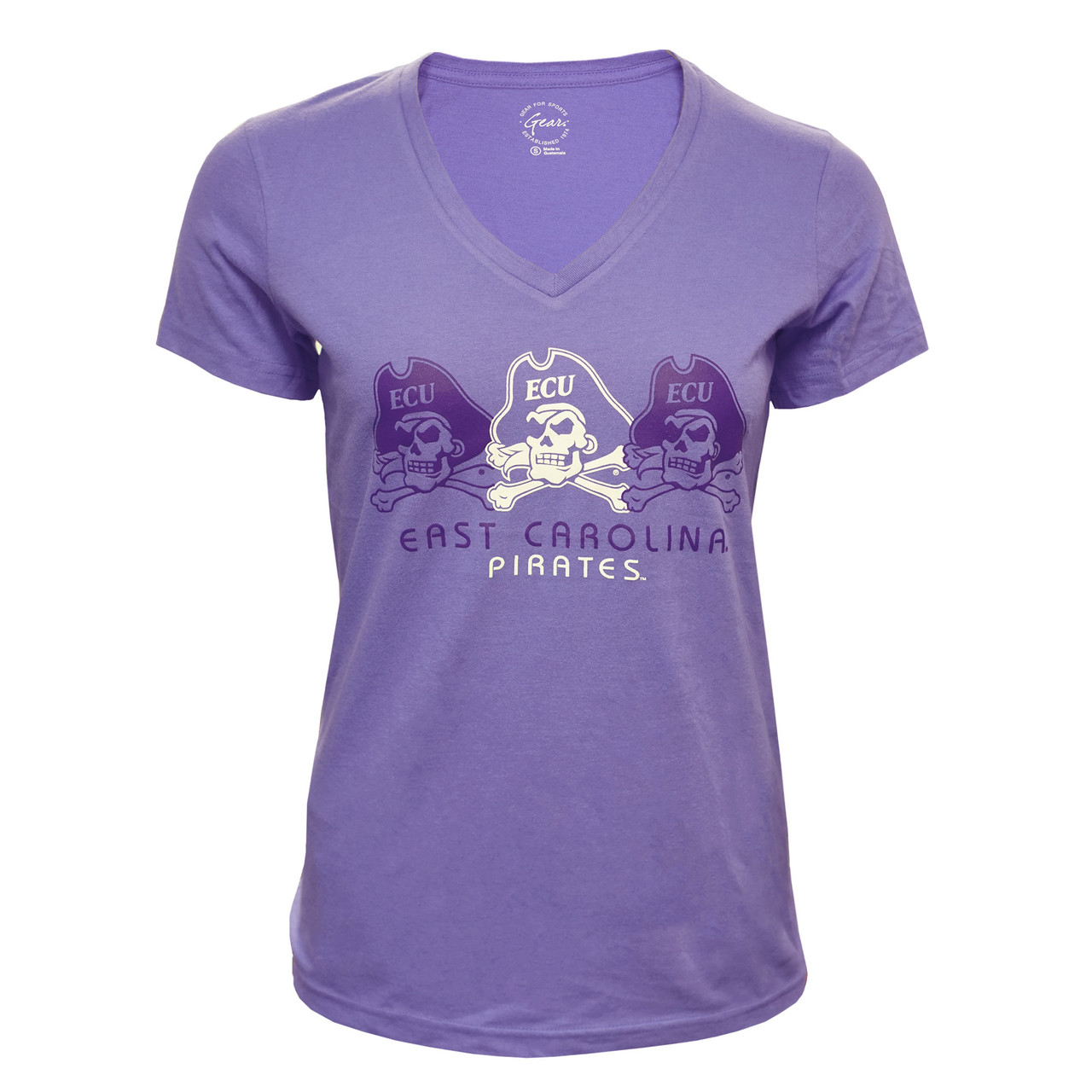 Ladies Purple V-neck Tee w/ Pirates, Jolly Roger & Heart