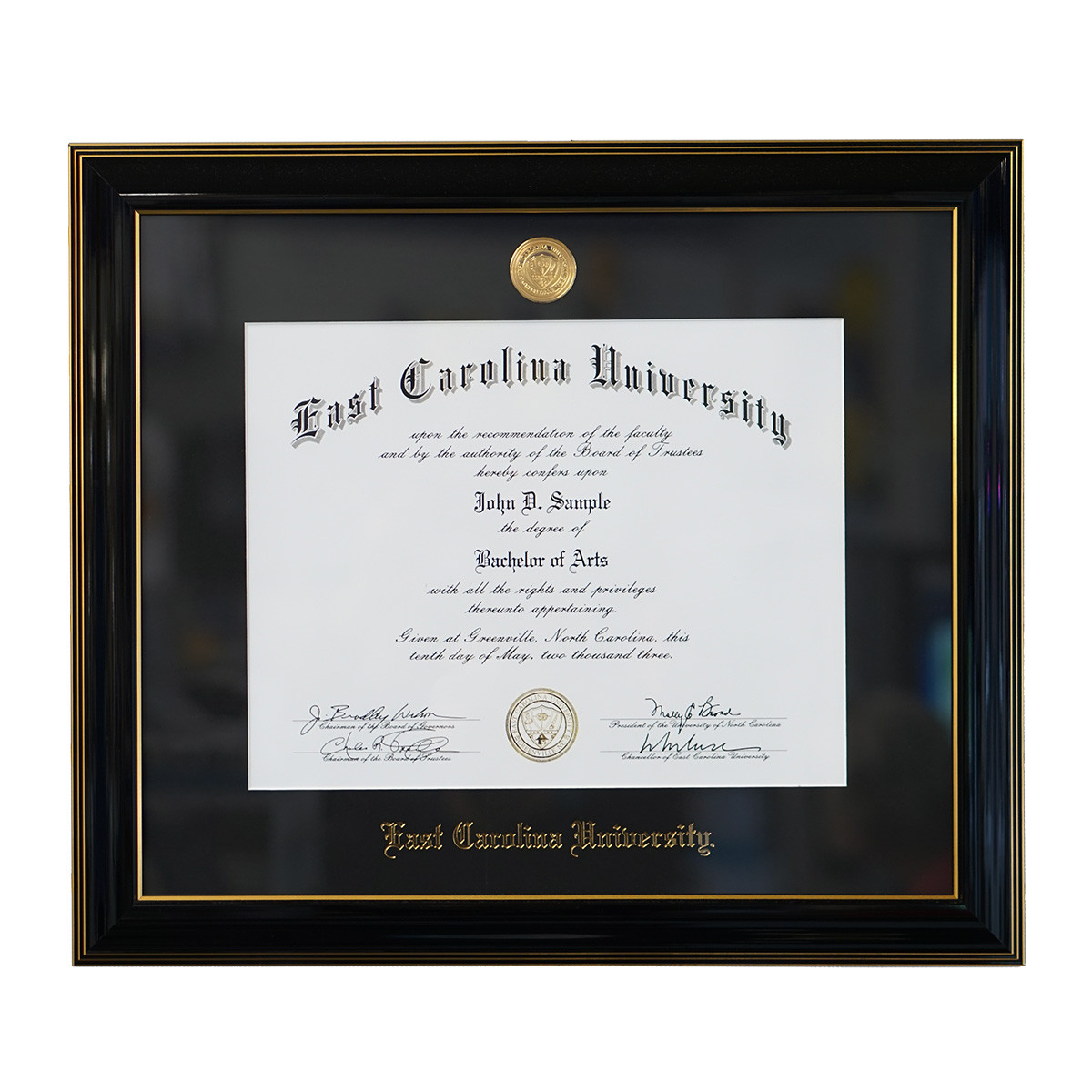 Ebony ECU Diploma Frame with Black Mat and Gold Medallion