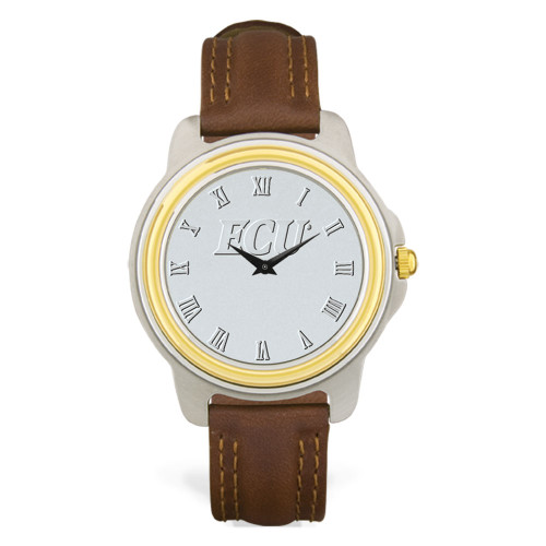 Stainless & Brown Leather Silver Face ECU Men's Wristwatch