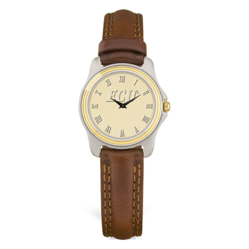 Stainless & Brown Leather Gold Face ECU Ladies Wristwatch
