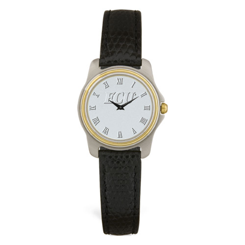 Stainless & Black Leather Silver Face ECU Ladies Wristwatch