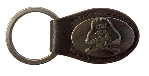 Brown Genuine Leather & Metal Jolly Roger Keychain