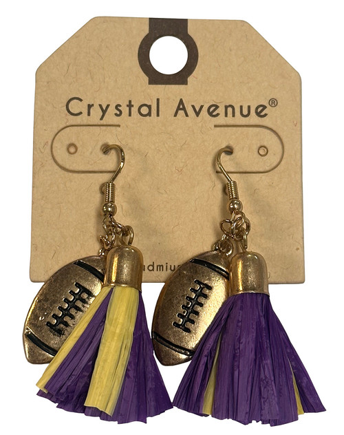 Purple and Gold Tassel Earrings RAFFIA TASSEL PUR GLD FOOTBALL EARRINGS