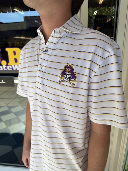 White Turtleson Tian Purple & Gold Stripe Performance Polo with Jolly Roger
