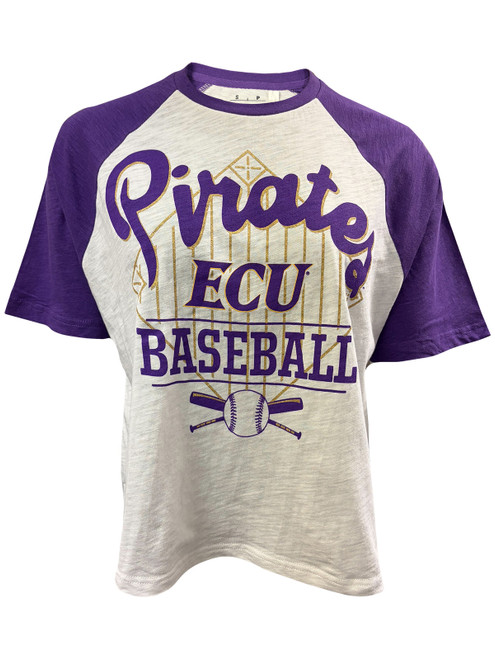 Ladies Purple and White Pirates ECU Baseball Tee
