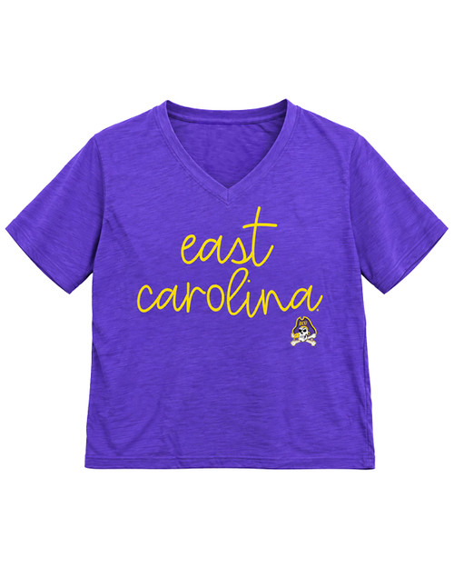 Ladies Purple Cursive East Carolina V-Neck Tee
