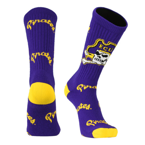 Purple and Gold Pirates Script & Jolly Roger Crew Socks