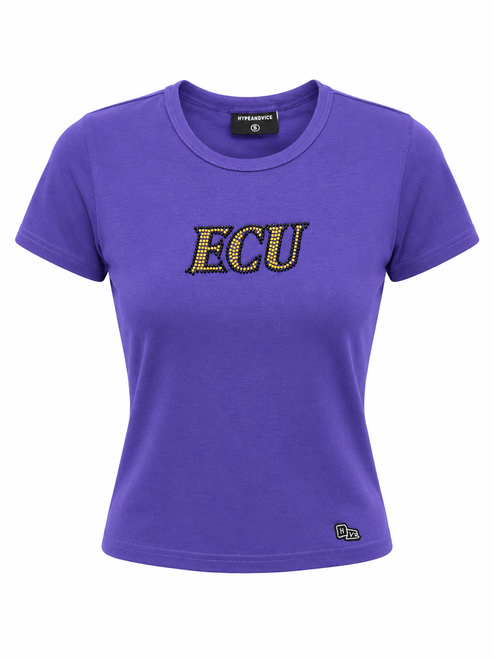 Ladies Purple Beaded ECU Baby Tee
