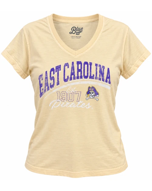 Ladies Blue 84 East Carolina Pirates Est. 1907 Jolly Roger Butter Yellow V-Neck Tee