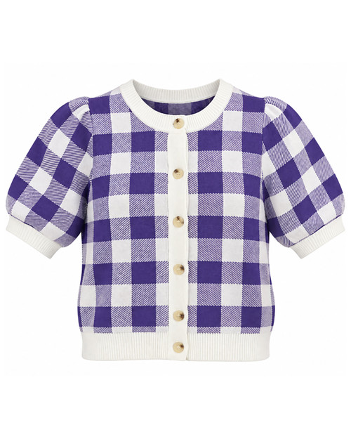 Ladies Anniewear Button Down Gameday Purple Gingham Short-Sleeve Sweater