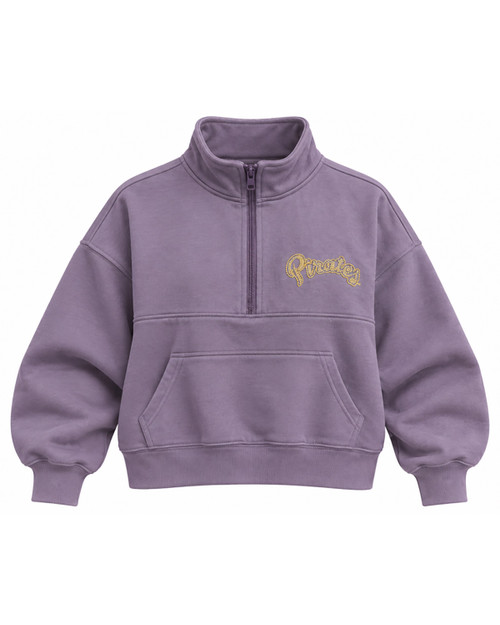 Ladies Summit Sportswear Gold Beaded Pirates Script Purple Cropped 1/4 Zip Pullover