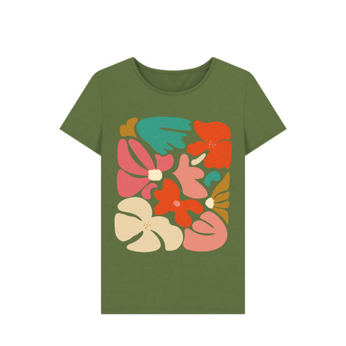 3E Organic Crew Neck T (womens) - Abstract Flowers 1 / Khaki