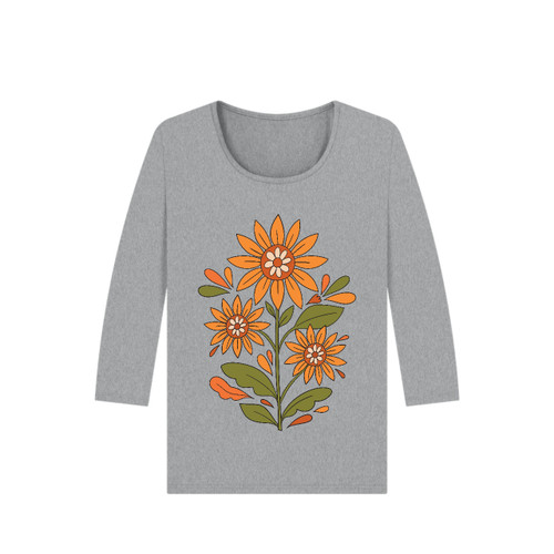 3E Organic 3 Qtr Sleeve T (womens) - Retro Flowers 2 / Grey