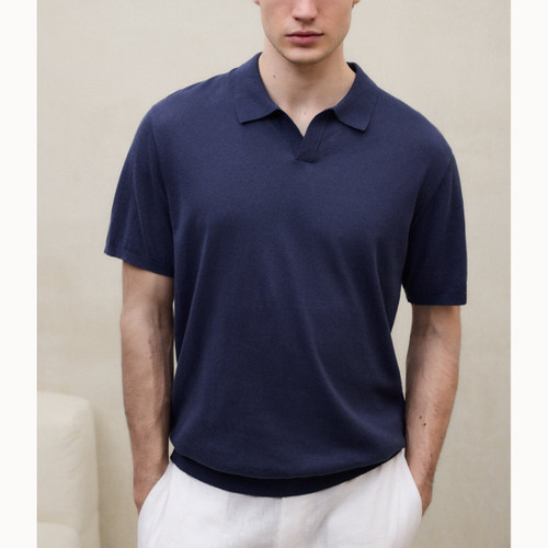 Ecoalf Olmo Organic Cotton + Linen Knitted Polo - Navy