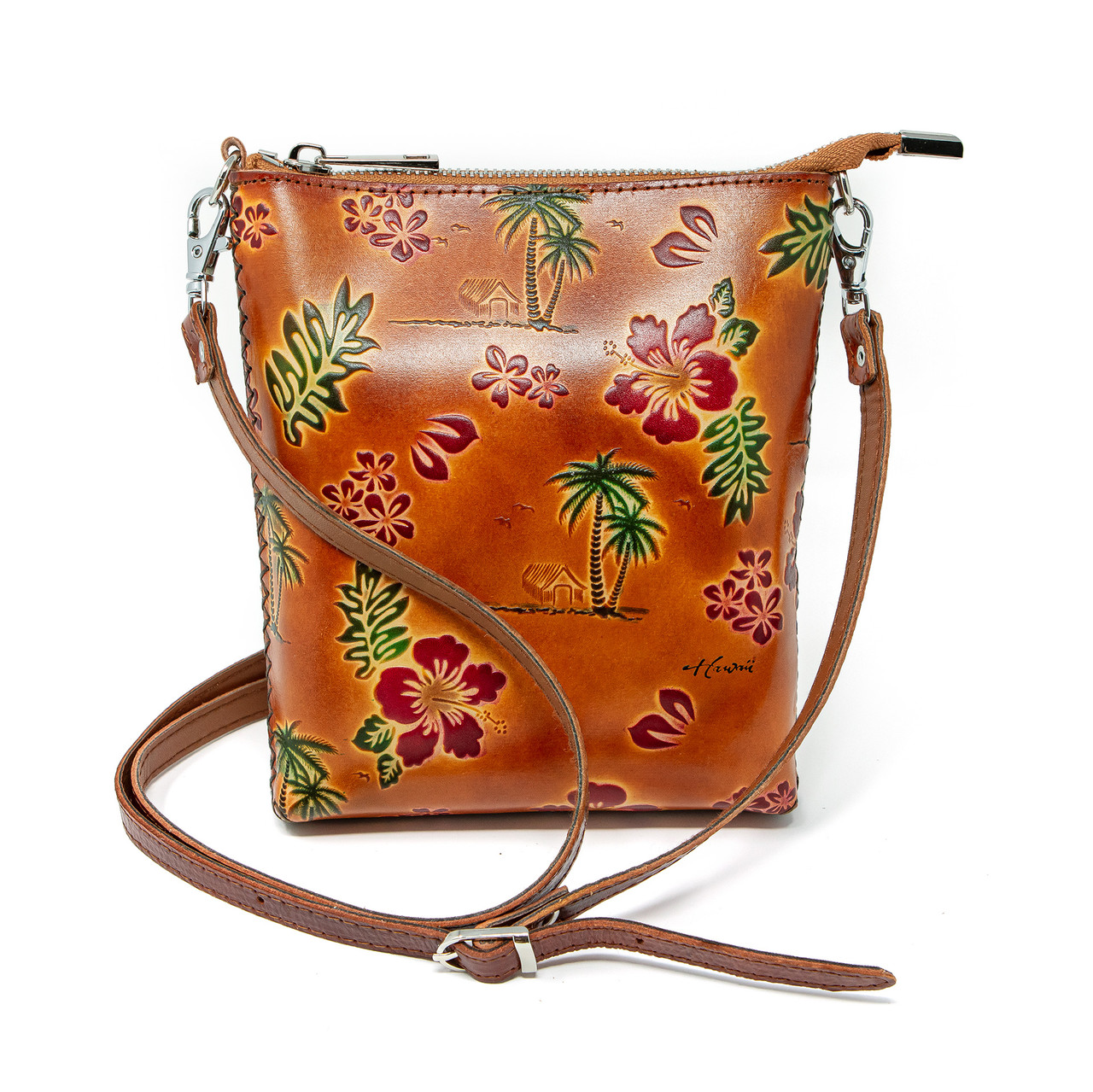 Cross Body Shoulder Purse: Brown Palm Pattern