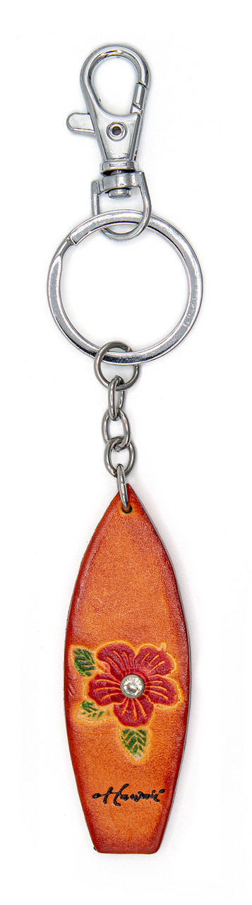 ⌘aloha⌘ Leather Keyring - Surfboard: Hibiscus
