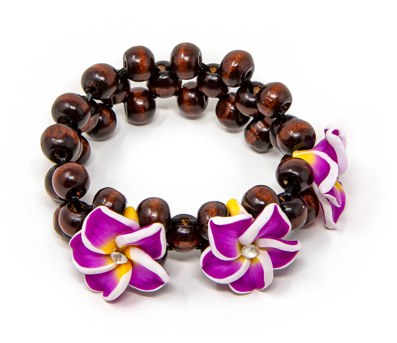 Three Plumeria Wood Bead Bracelet: Purple