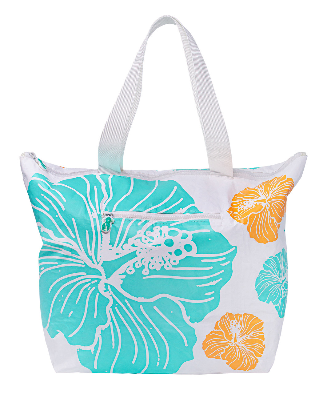 Hawaii Loa Tyvek Water Resistant Tote Bag: White and Turquoise Hibiscus