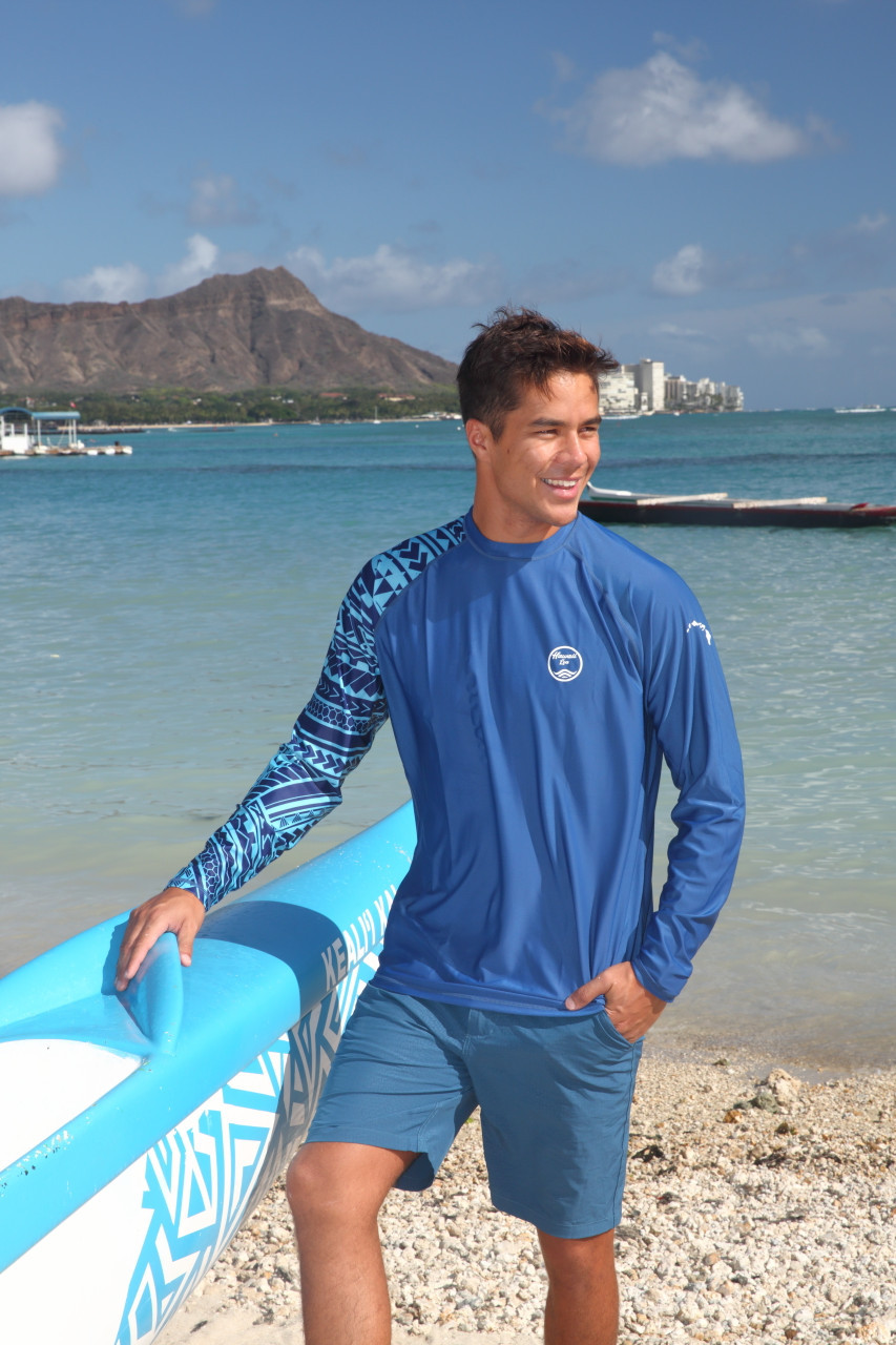 Hawaii Loa Rashguard Longsleeve - UPF 50: Blue Tribal Sleeve
