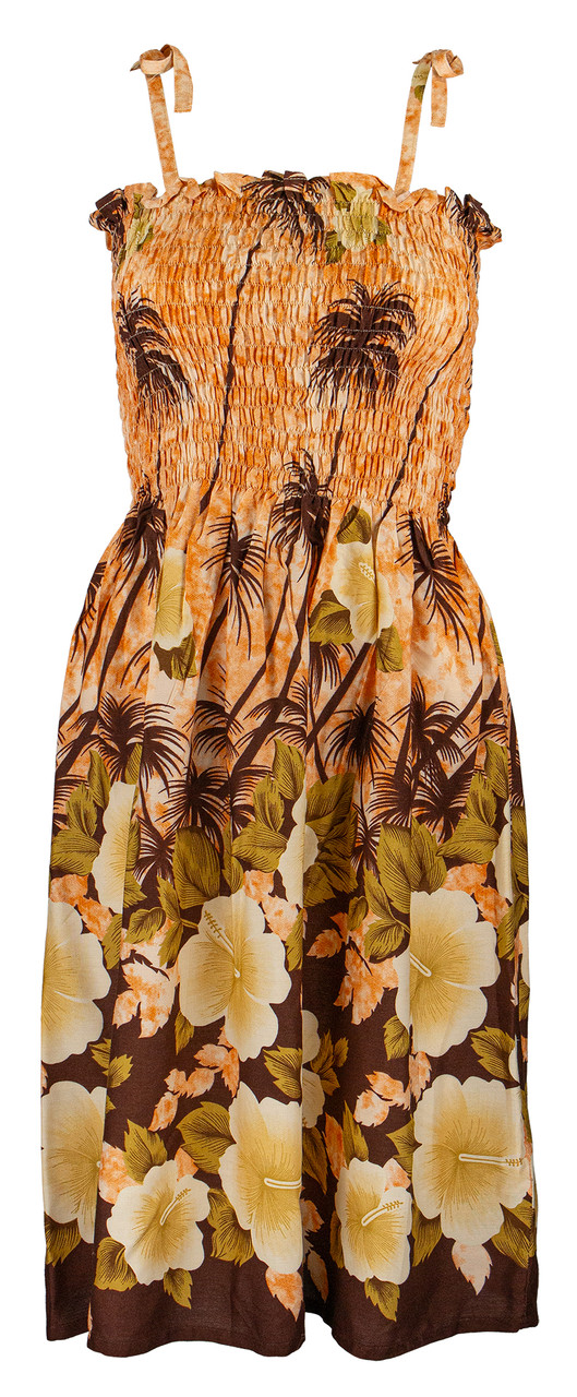 Ladies Elastic Tube Dress - Hibiscus Palm: Orange Ladies Elastic Tube Dress - Hibiscus Palm: Orange