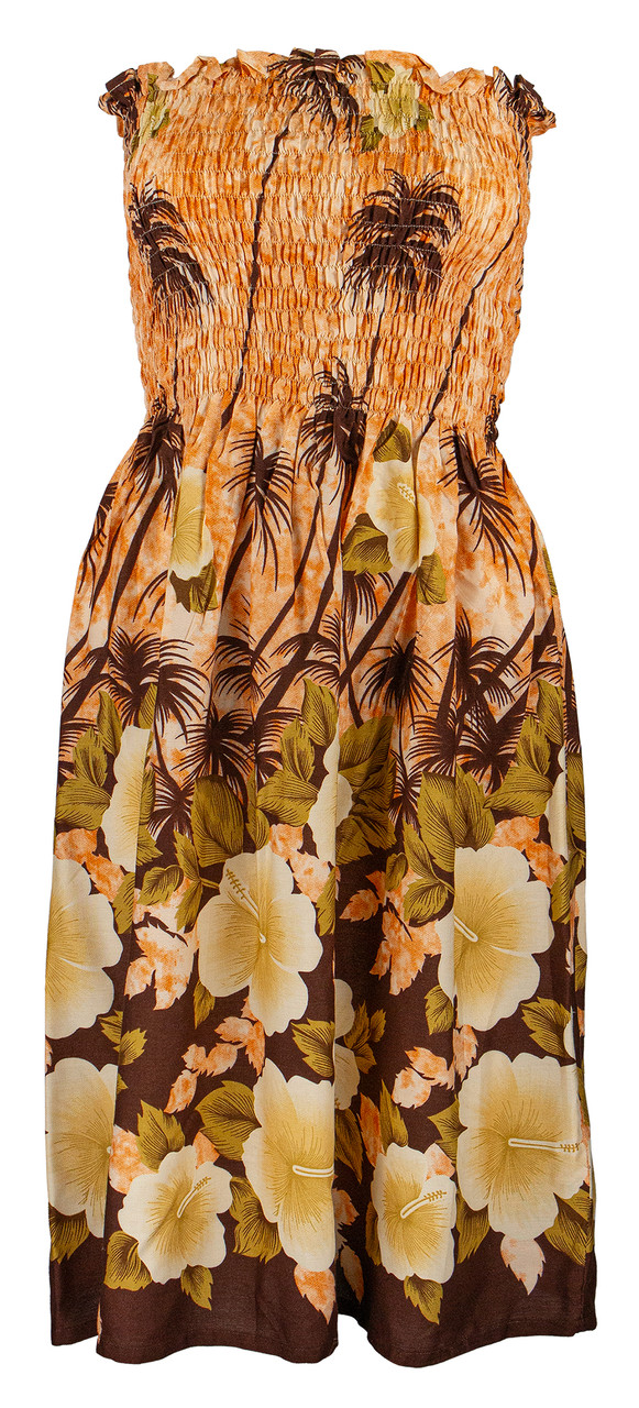 Ladies Elastic Tube Dress - Hibiscus Palm: Orange
