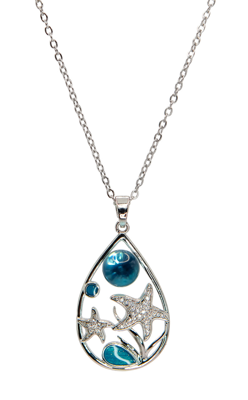 Nalu Glass Collection SILVER Necklace: Raindrop Double Starfish