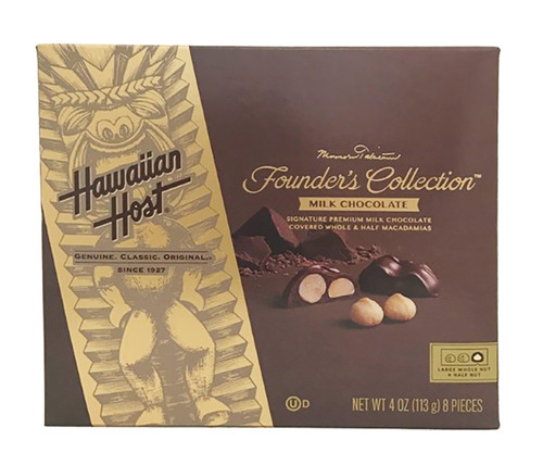 Front of Hawaiian Host Founder's Collection Milk Chocolate Covered Macadamia Nut 4oz Box