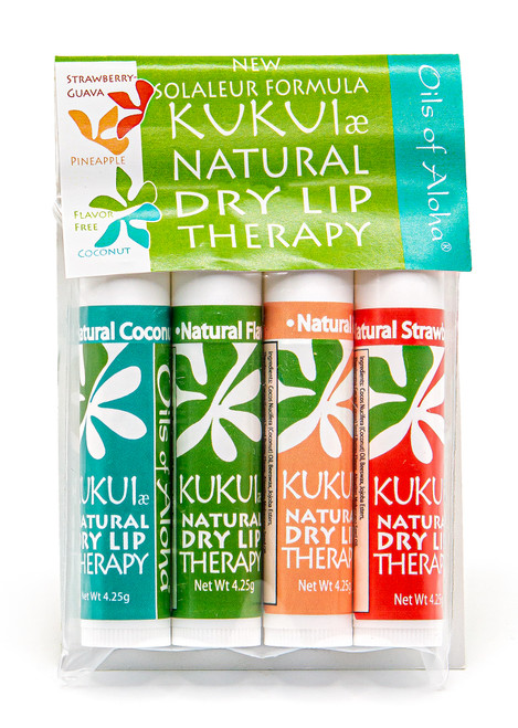 SPF 15 Kukui Oil Lip Therapy Four Pack; includes the following flavors, from left to right: coconut, unflavored, pineapple, and strawberry.