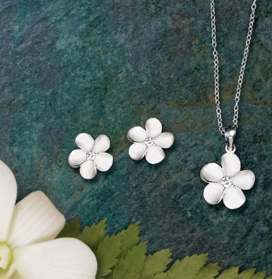 Ku'uipo Sterling Silver Sweetheart Jewelry Set containing a pair of Plumeria Earrings and a Plumeria Necklace