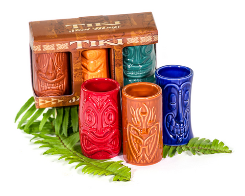 Tiki Shot Glasses Comes in a set of 3. Two sets to choose from:
Set #1 (from left to right): Brown Flame-A-Huna, Royal Blue Hula Ka-Boola, Red Hui Kalui
Set #2 (from left to right): Green Hula Hiki, Orange Hyponotiki, Light Brown Big Tapa-Ru