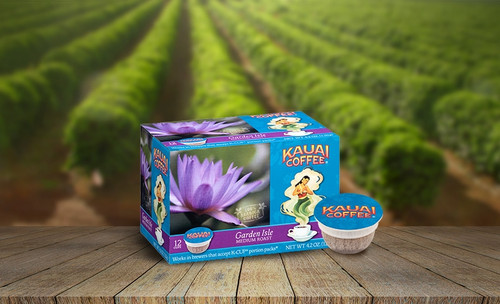 100% Kauai Single Serve K-Cup Coffee - Garden Isle on a coffee field background