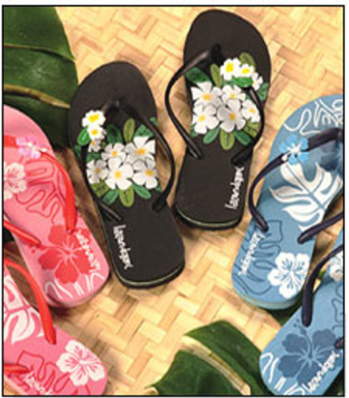 Ladies Tropical rubber slippers with floral design available in pink, black, or blue color
