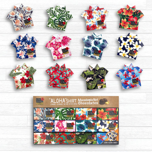 Ed & Don's Aloha Shirt Milk Chocolate Covered Macadamia Nuts 12 pack with every aloha shirt design shown