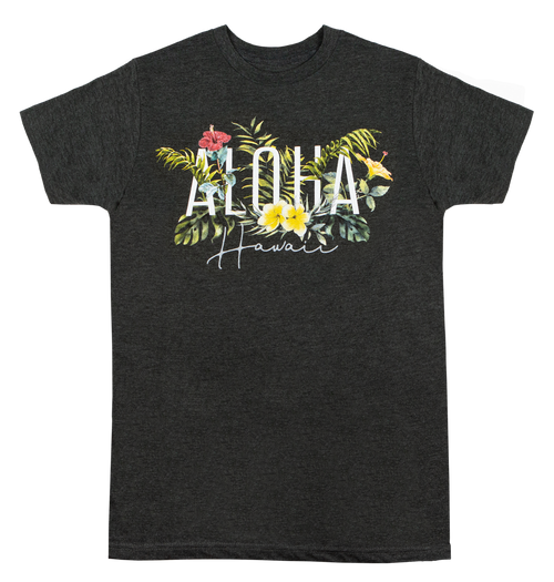 Adult Tee, non-fitted and non-conformed, Garden Design in Charcoal Heather color. Aloha Hawaii shown with ferns and island flora.