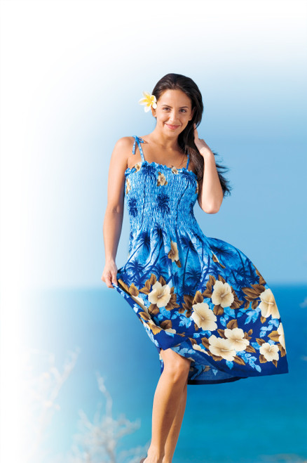 Female model wearing Ladies Elastic Tube Dress - Blue Hibiscus Palm
