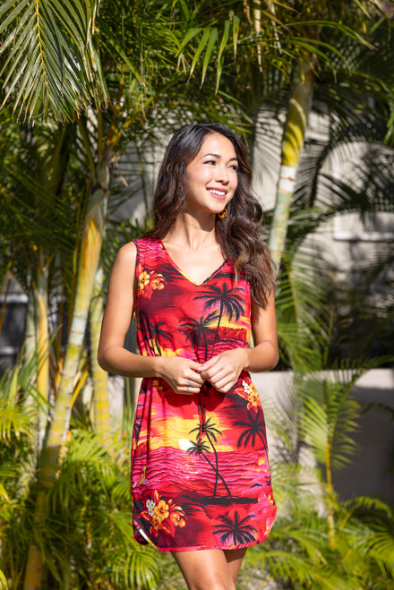 Female model wearing Rayon Aloha Dress Dresses have a string-tie in front, and are slip on in a tunic styling