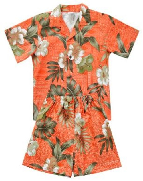 Boy's Aloha Cabana Set with matching Shirt and short in Brick floral style