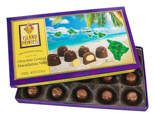 Island Princess Hawaiian Island Chocolate Covered Macadamia Nuts box, slightly opened