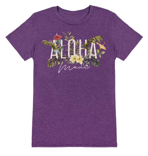 Adult Tee, non-fitted and non-conformed, Garden Design in Purple Heather color. Aloha Maui shown with ferns and island flora.