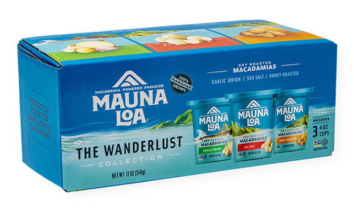 Mauna Loa Wanderlust Macadamia Nuts Gift Set of Three - Savory Collection which has a bowl of Assorted types of Macadamias and images of three cups of Macadamias: 1 Dry Roasted, 1 Honey Roasted, and 1 Maui Onion Garlic