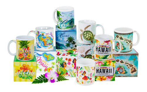 Hawaiian Design Ceramic Mugs in Gift Box in the following designs: Sweet Life, Maui Fun Map, Island Waves, Honu Voyage, Island Hula Honeys, Plumeria License, Vintage Map, and not currently pictured Honu Scenes.