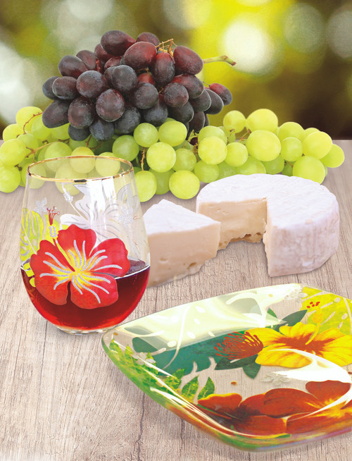 Holiday Glassware in floral monstera design